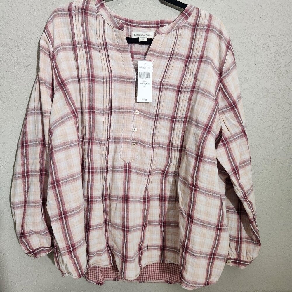 Coldwater Creek Shirt 3X Plumberry Plaid Henley Tunic Long Sleeve